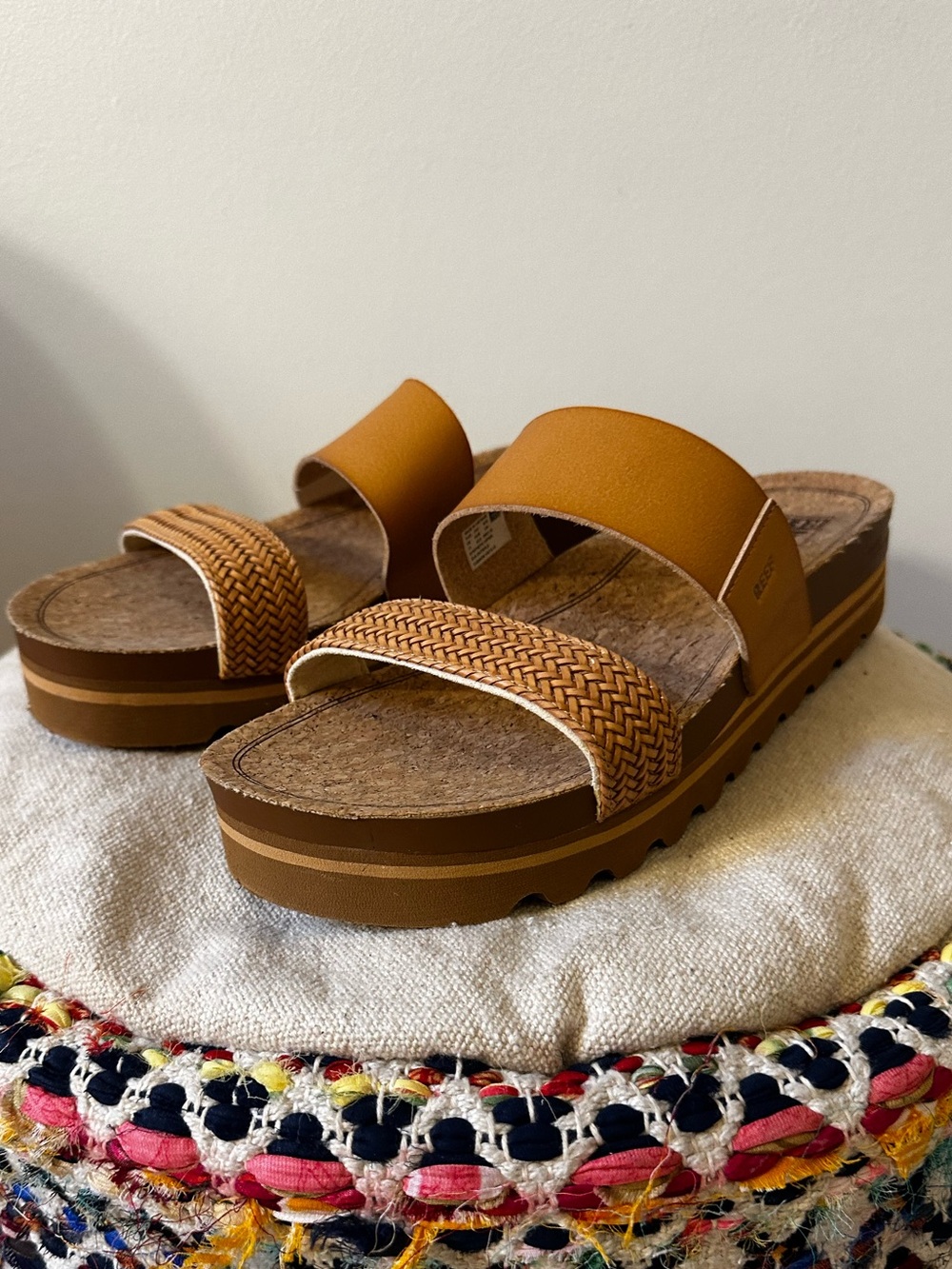 Reef Cushion Vista Women’s Platform Slide Sandals in Tan 11 Natural Braid